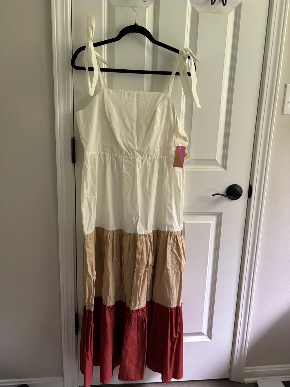 Riley & Rae Cream, Tan and Red Tiered Tie-Strap Maxi Dress